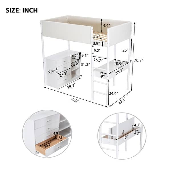 dimension image slide 2 of 6, Modern Teddy Fleece Loft Bed with Storage Shelf, Drawers & Desk, Multi-Functional Wood Loft Bed Frame w/Soft Padding