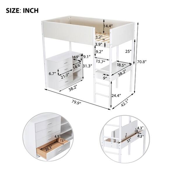 dimension image slide 0 of 6, Teddy Fleece Loft Bed with Foldable Study Table, 4 Storage Drawers and Shelves Wood High LoftBed Frame for Bedroom
