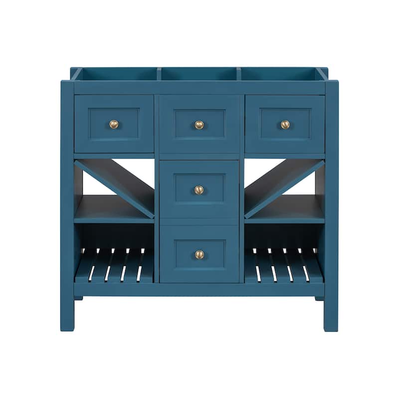 Roomfitters 36'' Bathroom Vanity, Solid Wood Frame Freestanding Storage Cabinet with 5 Drawers and Soft Closing Doors - Blue