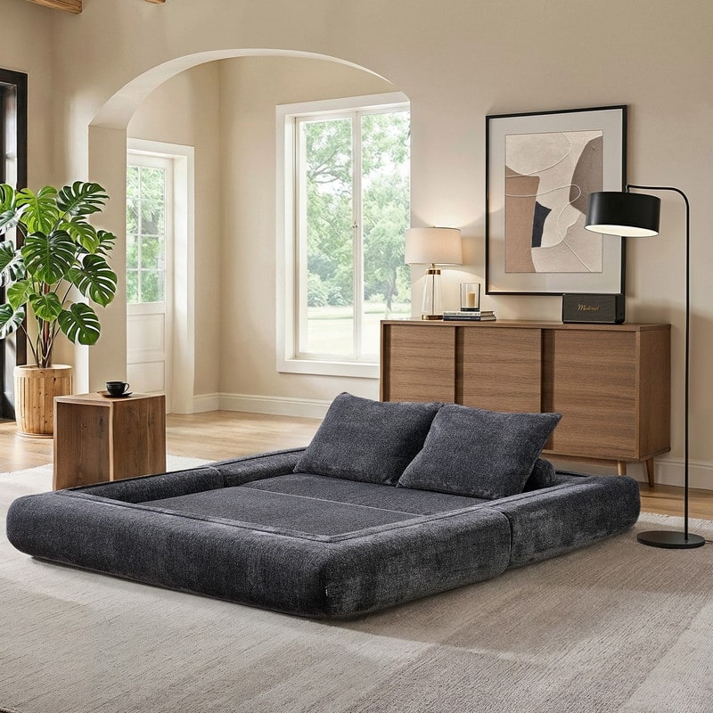 Modern Chenille Convertible Sofa Bed Queen Size Split Back Design
