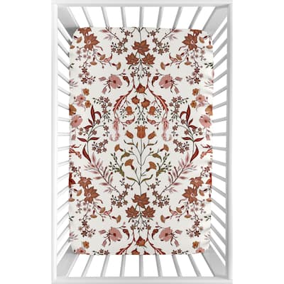 Sweet Jojo Designs Ivory Orange Boho Vintage Floral Girl Fitted Mini Portable Crib Sheet Bohemian Botanical Flower Green Fringe