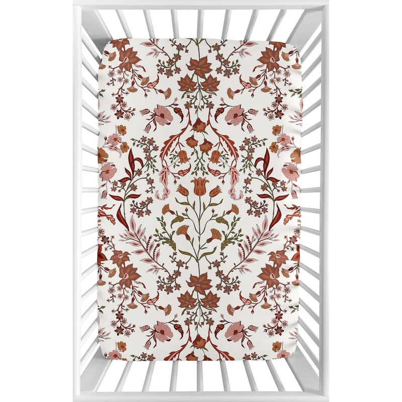 Sweet Jojo Designs Ivory Orange Boho Vintage Floral Girl Fitted Mini Portable Crib Sheet Bohemian Botanical Flower Green Fringe