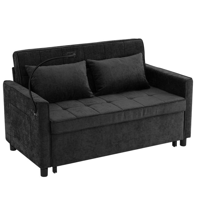 Pull-Out Sofa Bed Sleeper Sofa with A Reversible Backrest Cushion, Side Pockets, Two USB Ports and a Phone Holder