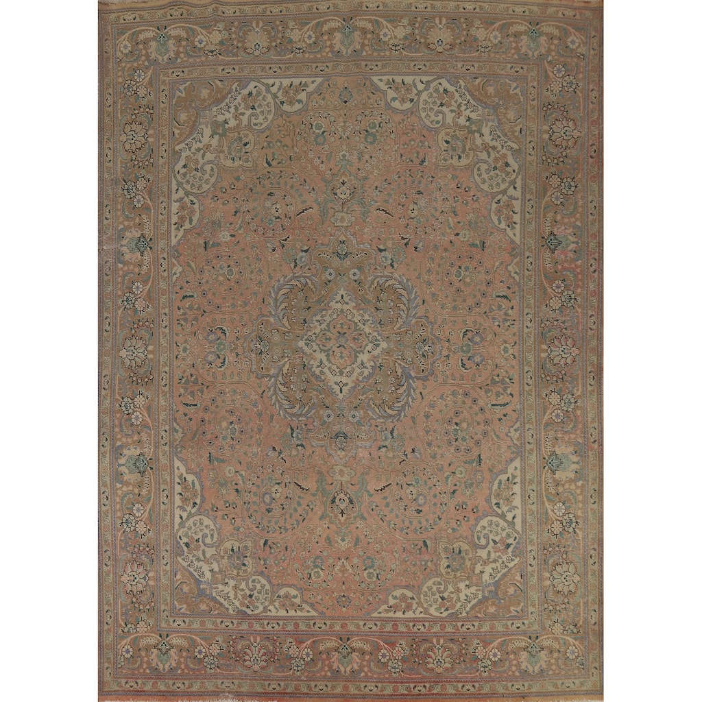 Distressed Floral Tabriz Persian Area Rug Handmade Wool Carpet - 9'10" x 12'9"