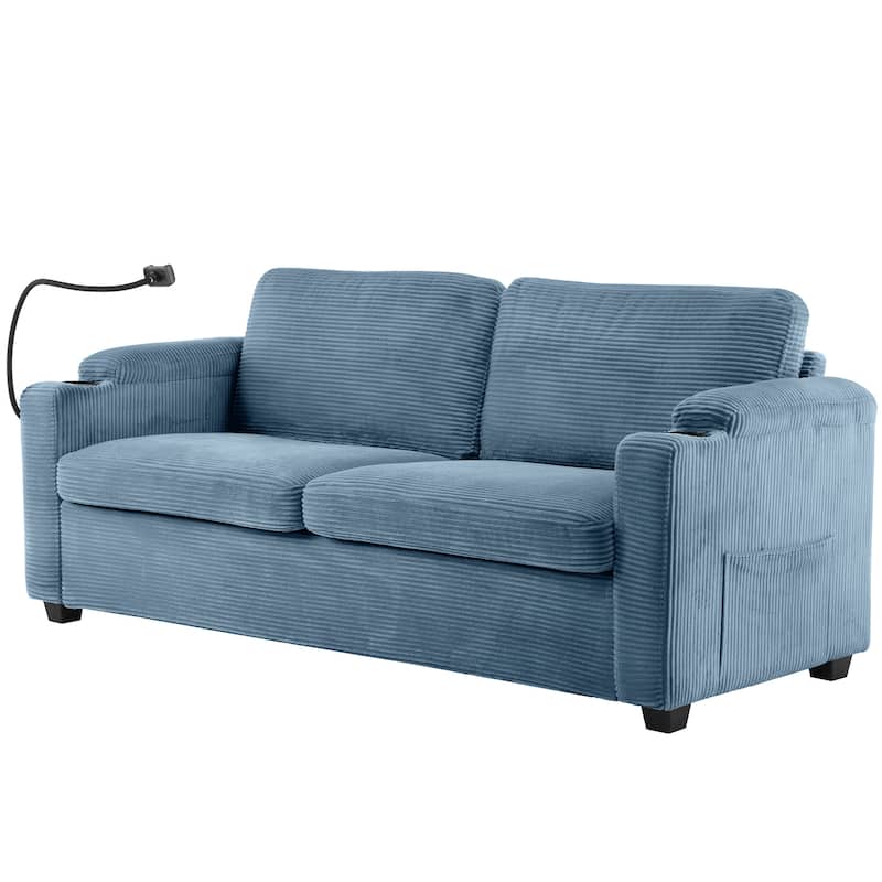 72.8" Corduroy Sleeper Sofa with Full Size Mattress and USB Ports, Loveseat Sofa with Cup Holders and Side Pockets