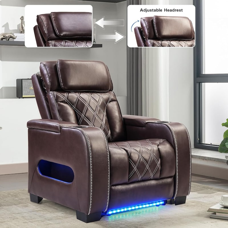 Power Recliner Chair with Adjustable Headrest, Breathable PU Leather Home Theater Seating with Ambient Lighting,Cup Holders