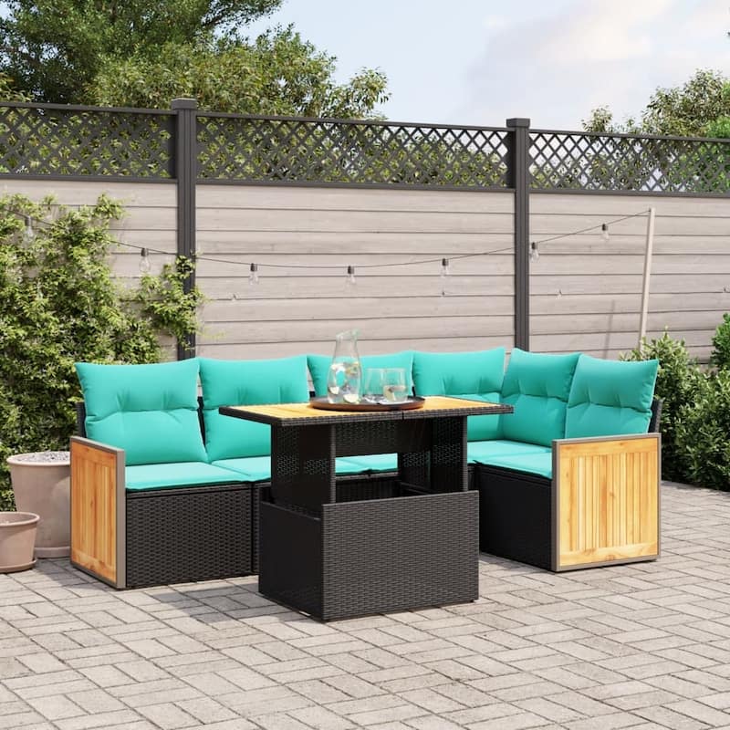 vidaXL Patio Sofa Set with Cushions Outdoor Furniture 6 Piece Poly Rattan - 21.7 x 24.4 x 27.2 - Black