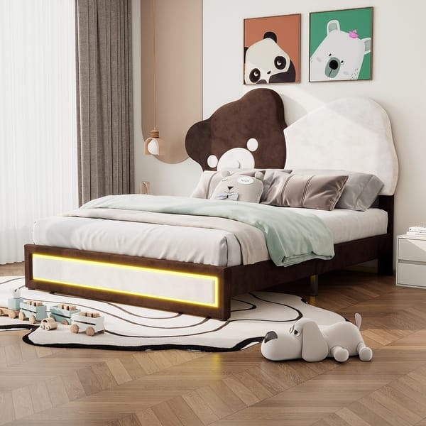 slide 2 of 12, Flannel Upholstered Platform Bed with LED Light Strips and Bear Shaped Headboard Full