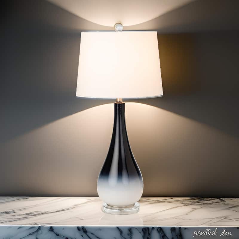 31" Tall Set of 2 Contemporary Black and White Glass Table Lamps with Fabric Empire Shade and E26 Base - 30.5"H x 14"W x 14"D