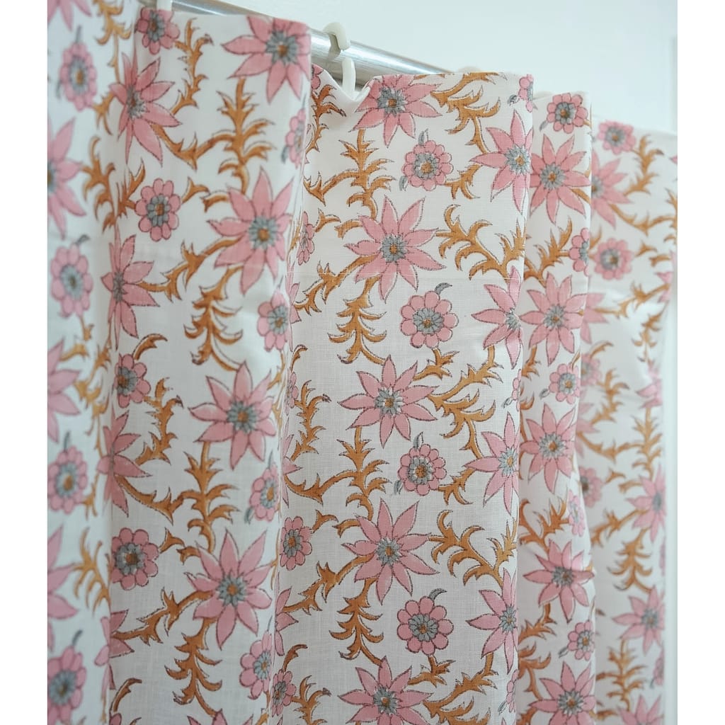 Fabdivine Block Floral Print Linen Hook Curtain Panel, Semi Sheer Window Drapes for Dining Room & Bedroom Décor, Saanjh