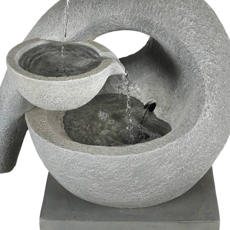 Gray Resin Modern Sculpture Pedestal Outdoor Fountain with LED Light