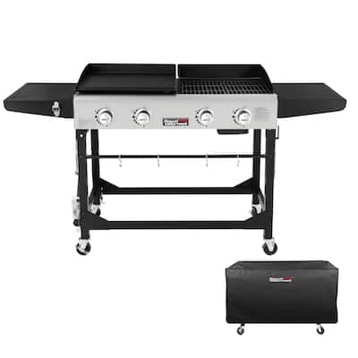 Royal Gourmet GD401C 4-Burner Portable Flat Top Gas Grill and Griddle Combo with Folding Legs, with Cover,Black & Silver