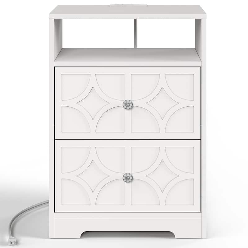 Large Night Stand with 2 Drawers and Charging Station - White