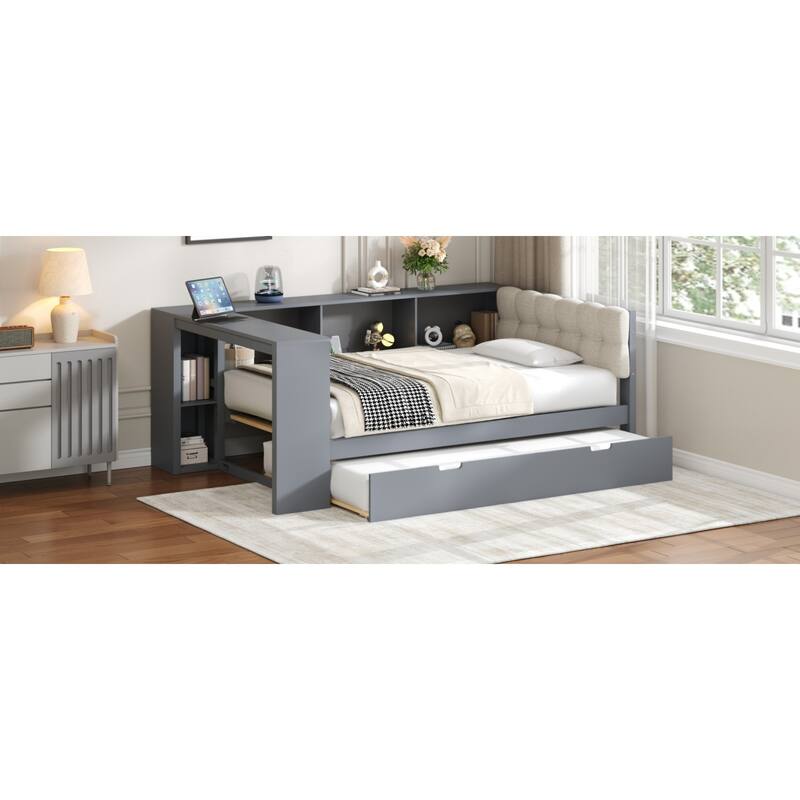 Roomfitters Twin/Full Wood Platform Bed with Trundle, Charging Station and Upholstered Headboard