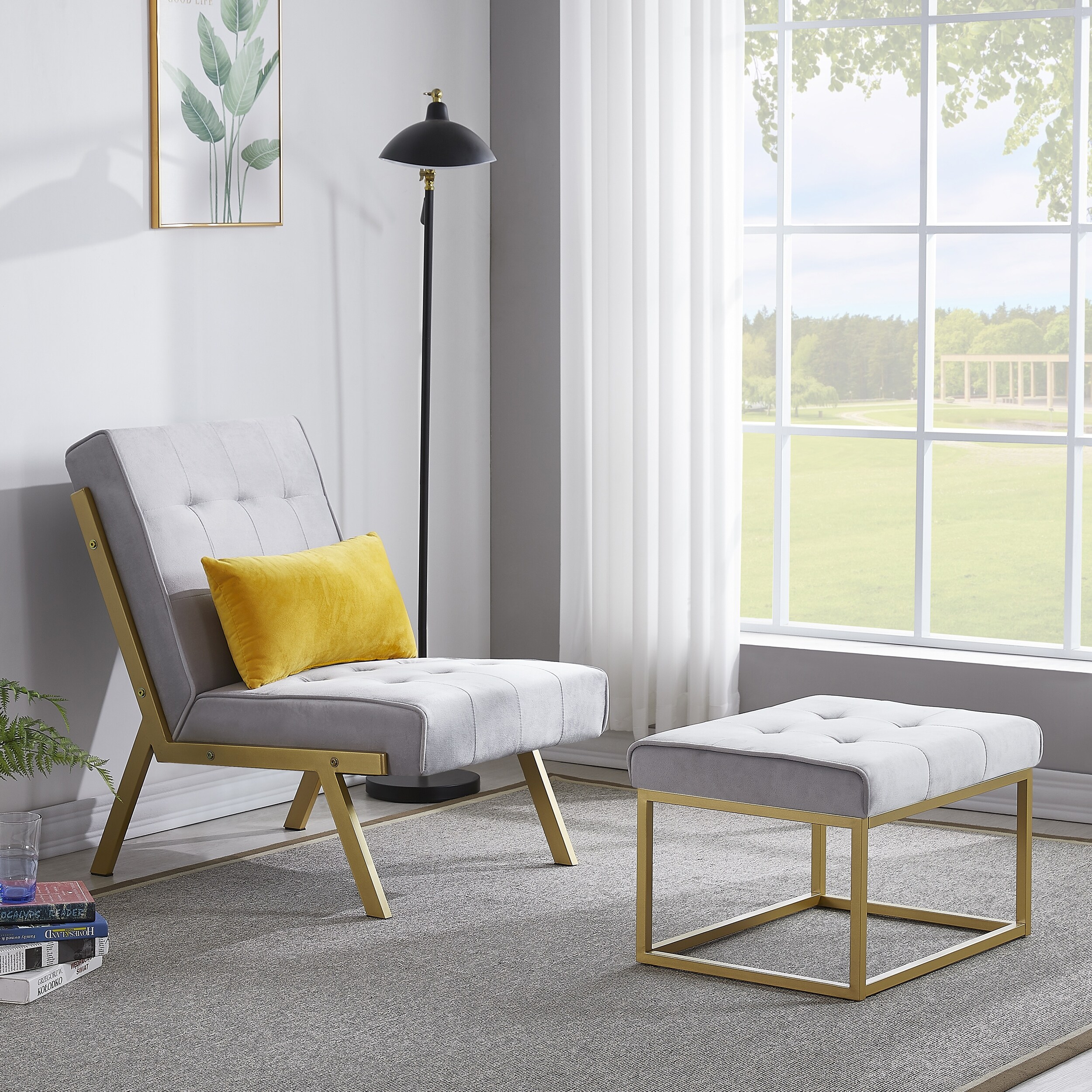 Gold Metal Frame Velvet Accent Chair with Ottoman Bed Bath