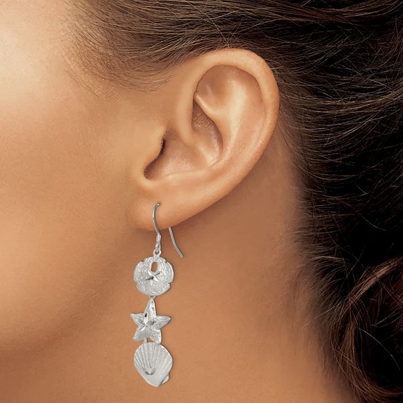 Curata 925 Sterling Silver 58x15mm Satin Shell and Starfish Sea Life Dangle Hook Earrings