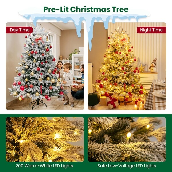 Gymax 4.5/6/7 FT Pre-Lit Snow-Flocked Artificial Christmas