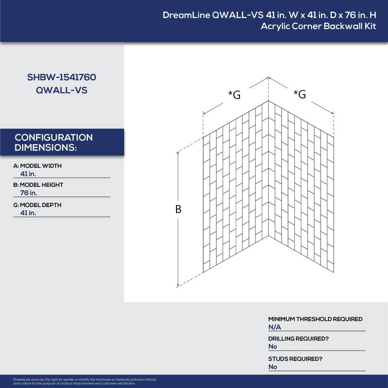 DreamLine QWALL-VS 41-1/2 in. D x 41-1/2 in. W x 76 in. H Acrylic Corner Backwall Kit
