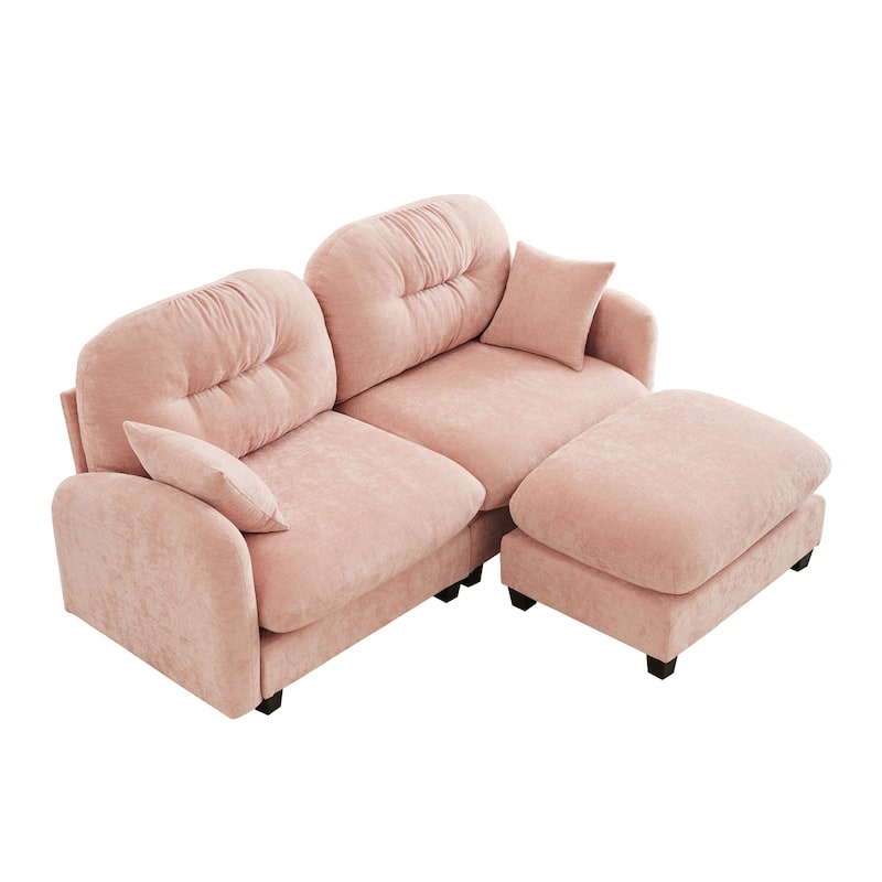 2 Seat Chenille Sofa Round Arms Sectional Sofa, Modern 74" Tufted Back Couch with Ottoman for Lving Room, Small Space