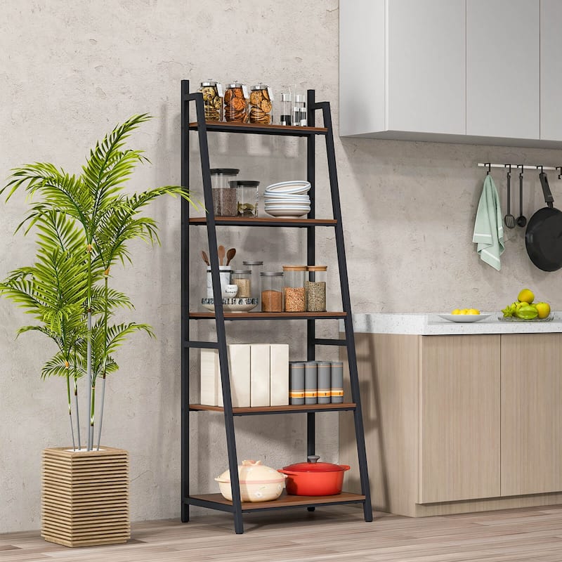 Costway Industrial Ladder Shelf Rustic 5 Tier Leaning Bookshelf Wood - See Details