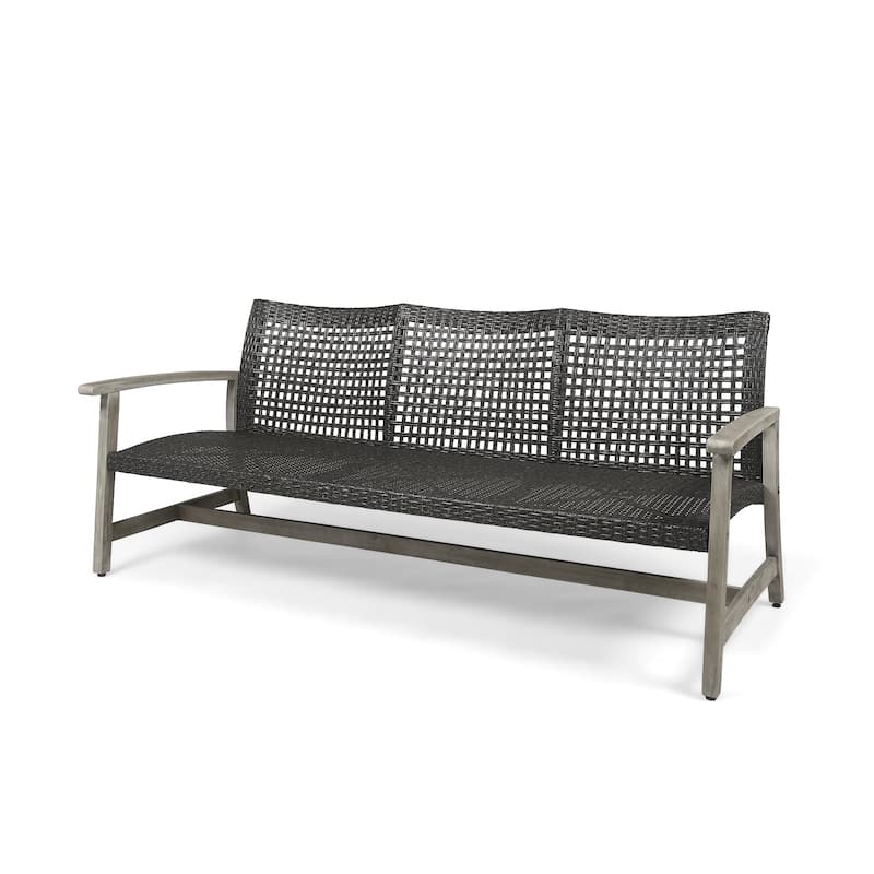 Outdoor Rattan Loveseat Sofa Acacia Wood 3 Seater Couch