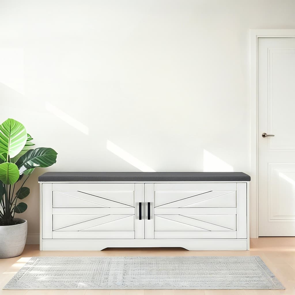 Farmhouse Shoe Bench with Padded Seat Cushion