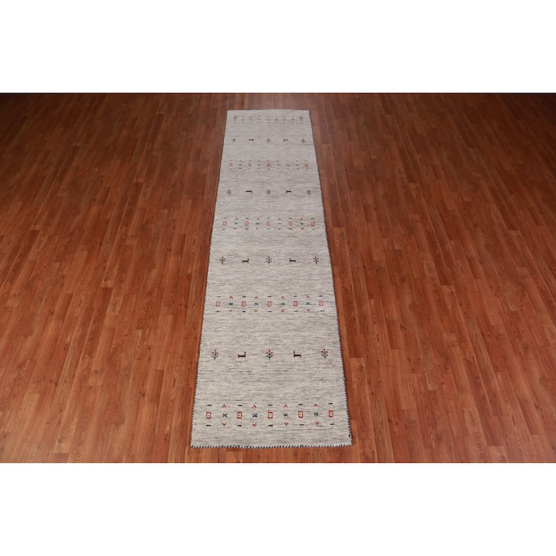 Hand Knotted Oriental 100% Wool Carpet Tribal Animal Pictorial Beige & Ivories Gabbeh Runner Rug - 9' 10'' X 2' 7''
