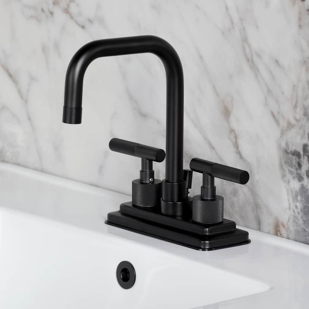 Kingston Brass Convergent Two-Handle 3-Hole Deck Mount 4" Centerset Bathroom Faucet with Knurled Handle and Brass Pop-Up Drain
