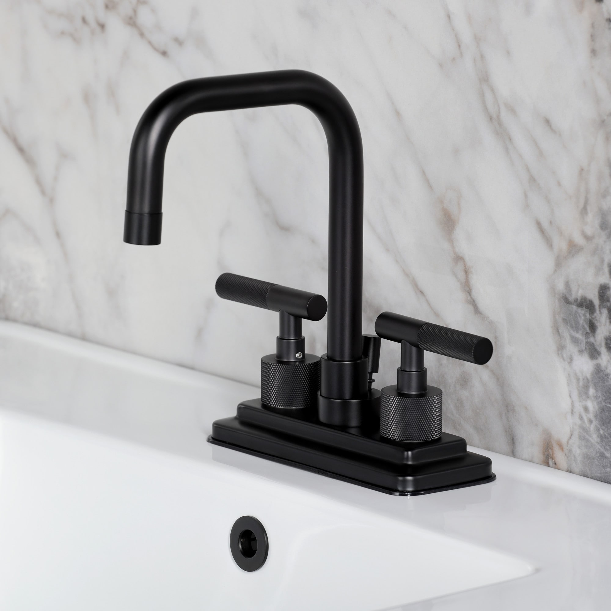 Kingston Brass Convergent Two-Handle 3-Hole Deck Mount 4" Centerset Bathroom Faucet with Knurled Handle and Brass Pop-Up Drain