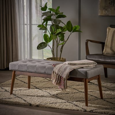 Roomfitters Tufted Upholstered Entryway Bench with Tapered Wooden Legs, Mid-Century Accent Seating, Grey