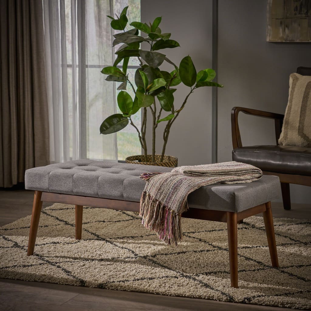 Roomfitters Tufted Upholstered Entryway Bench with Tapered Wooden Legs, Mid-Century Accent Seating, Grey