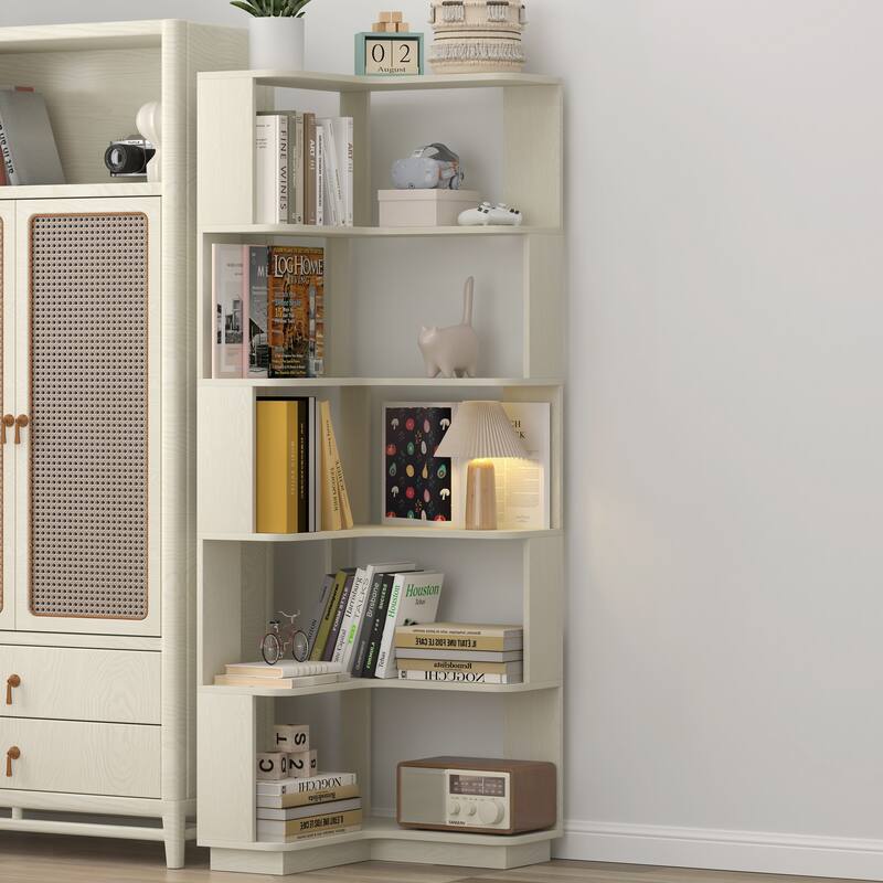 GDFStudio - Elysande Wood Corner Bookcase with 6-Tier Anti-Fall Design