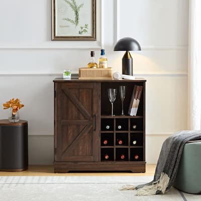 31.5" Farmhouse Coffee Bar Cabinet with Wine Rack and Barn Door