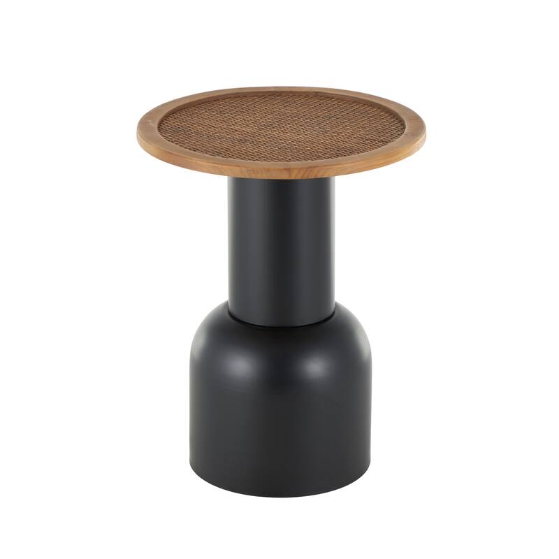 Black Metal Handmade Pedestal Accent Table with Brown Rattan Tabletop
