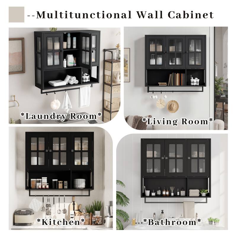 Bathroom Wall Cabinet,3-Door Wooden Cabinet with Open and Hidden Storage Space,Medicine Cabinet with Glass Door and Towel Bar