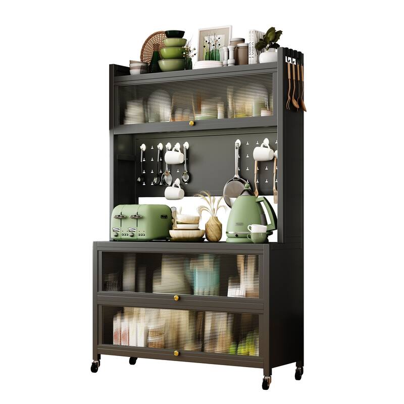 Bakers Rack Storage Organizer with Double Open Doors, 250KG Capacity & Alloy Wheels - 64" Tall