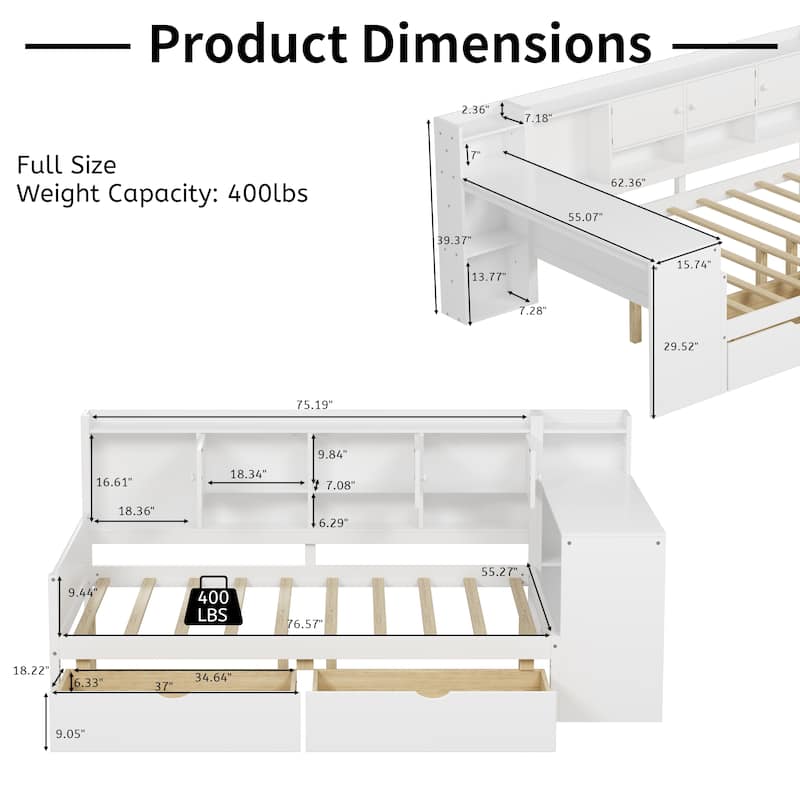 L-Shape Wooden Daybed with Storage, Study Desk, and Built-in Bookshelf, White