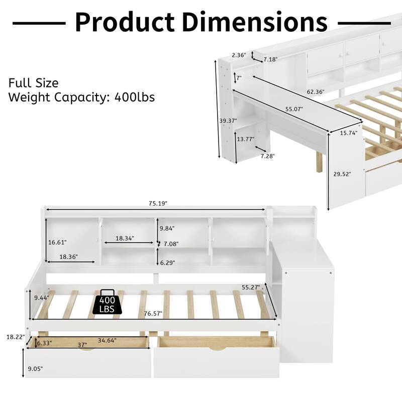 Wooden L-Shaped Daybed with Study Desk, Bookshelf, 7 Storage Cabinets and 2 Drawers, Multi-Functional Space-Saving Bed