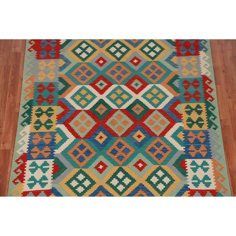 Hand Woven Oriental 100% Wool Carpet Southwestern Geometric Multi-Colored Kilim Area Rug - 8' 4'' X 5' 8''