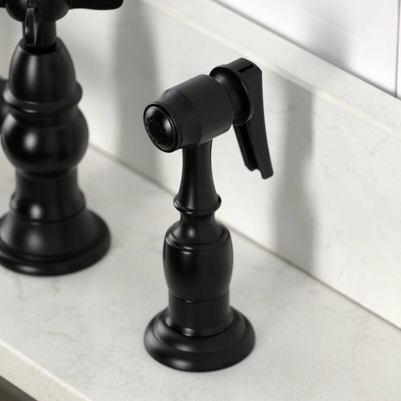Kingston Brass Essex Two-Handle 4-Hole Deck Mount Bridge Kitchen Faucet with Brass Side Sprayer