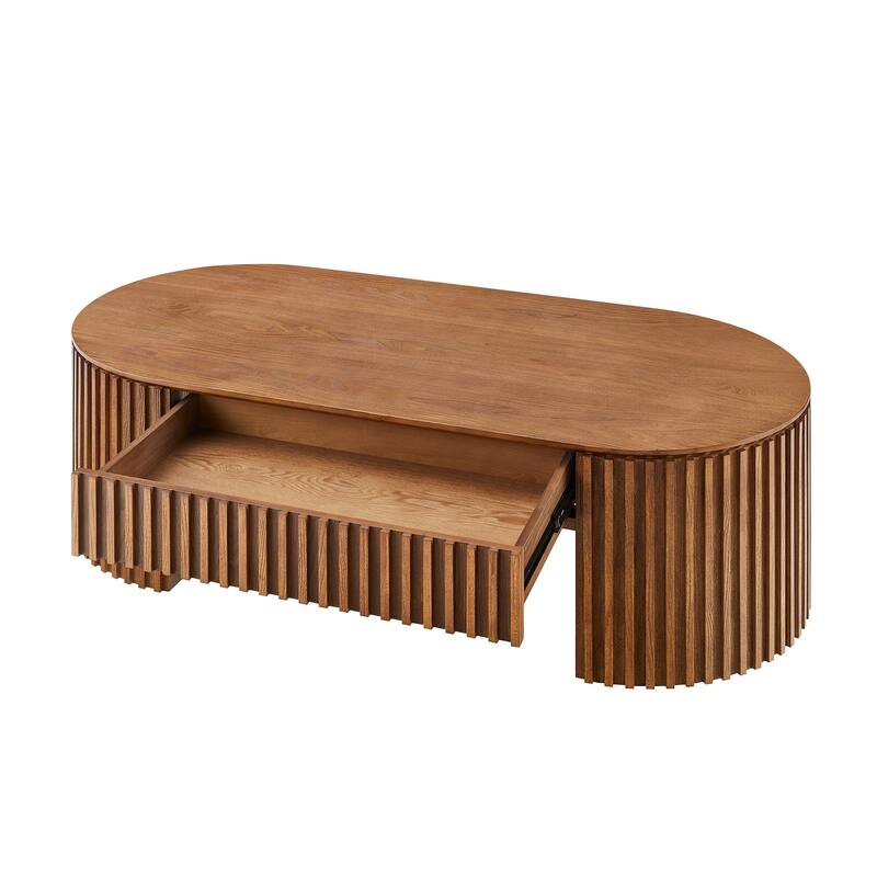 51.18" Mid-Century Modern Oval Wooden Coffee Table with Drawer for Living Room