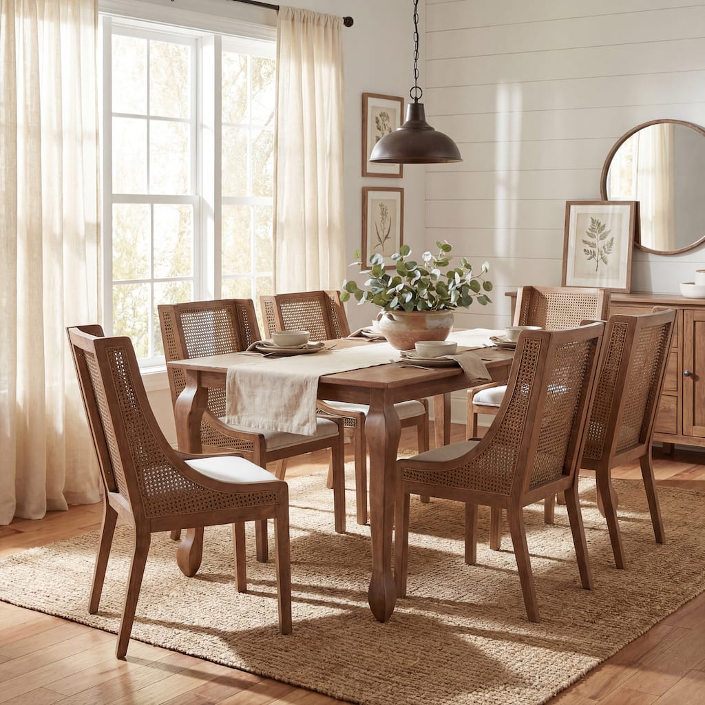 Christopher Knight Home - Rustic French Country 7 Piece Wooden Dining Set with Cane Back Upholstered Chairs