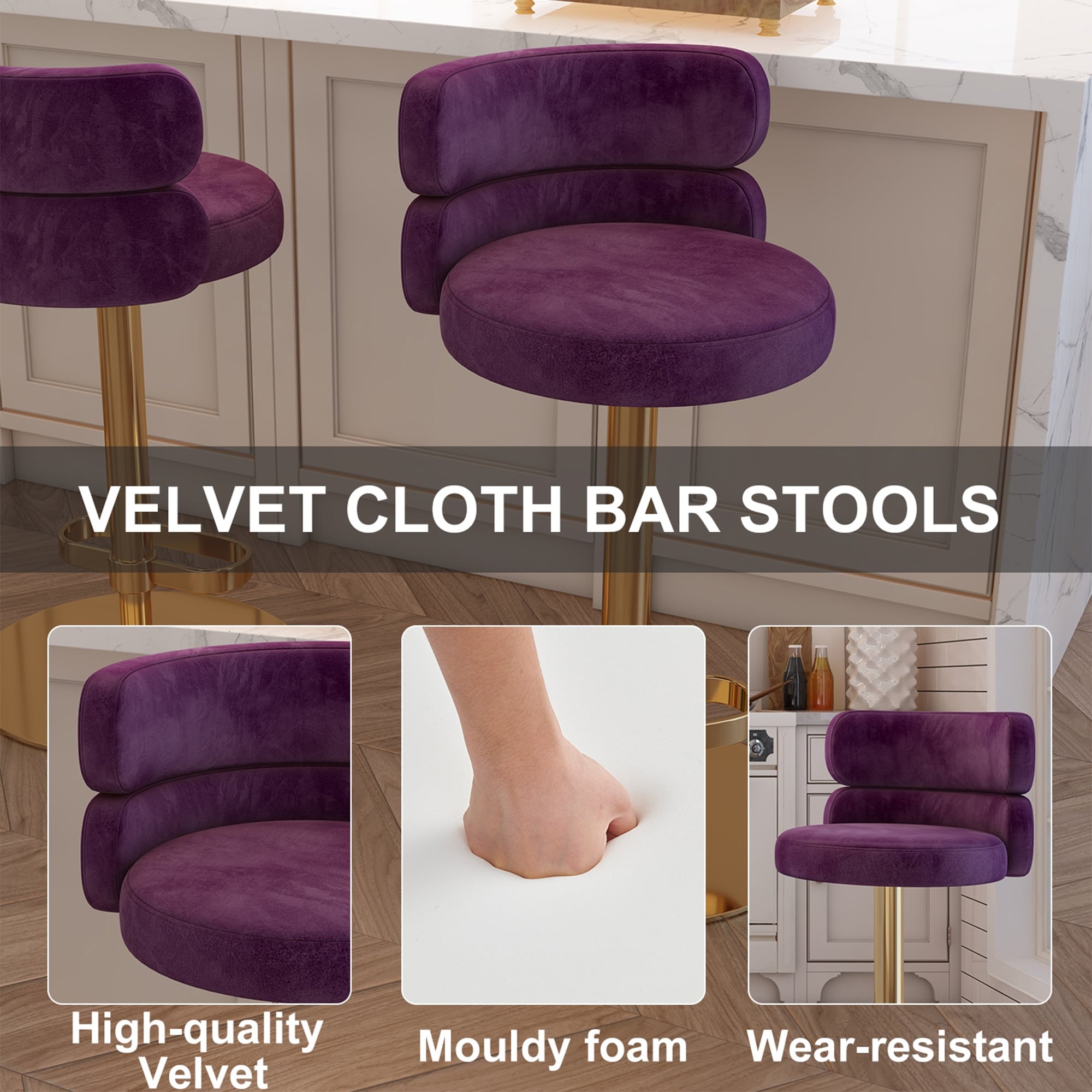 Modern Velvet Bar stool with Height Adjustable and Swivel