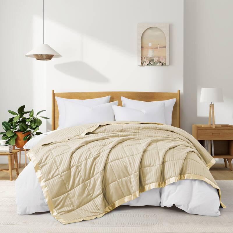 Hotel Quality Luxury Lightweight Jacquard Soft Bed Blanket with Satin Trim, Cozy and Warm - Full/Queen - Khaki