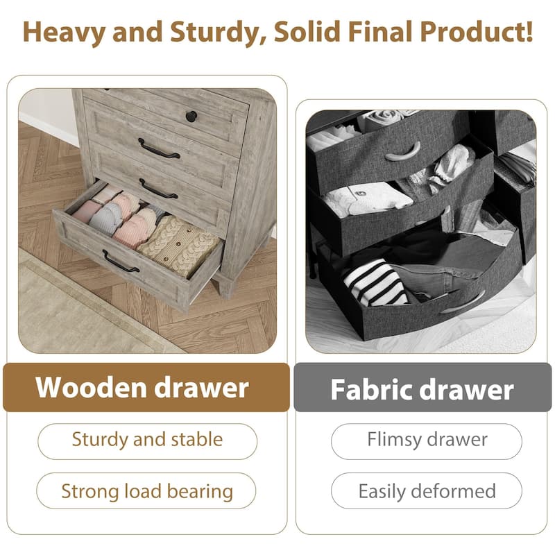5 Drawer Dresser for Bedroom, Tall Freestanding Chest with Wood Frame and Vertical Storage