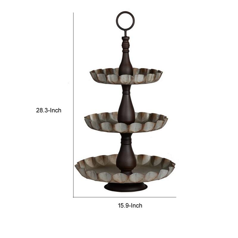 Ammy 28 Inch 3 Tier Round Decorative Serving Tray, Black and Gray Iron