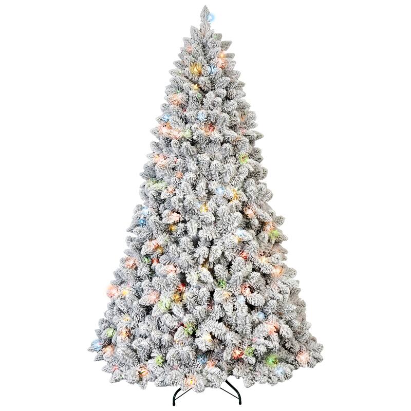 7FT Flocked Christmas Tree with 500 Colorful UL Lights and 45 Natural Pine Cones-1124 Snowy PVC Tips, Hinged Branches