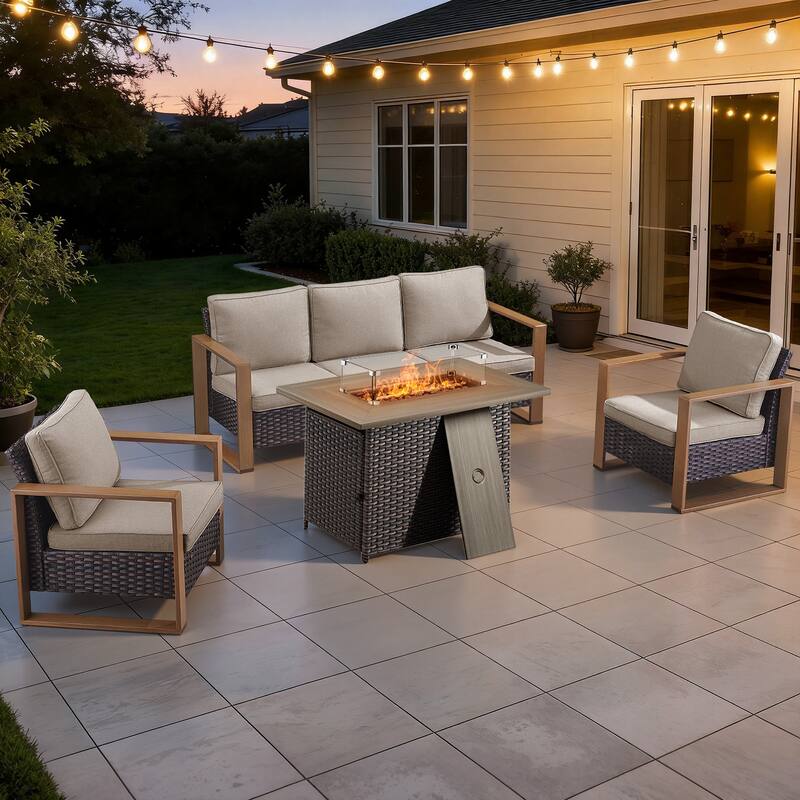 Meyreso Wicker Patio Conversation Set with Fire Pit Table & Olefin Cushions - Brown / Beige Cushions - 4-Piece