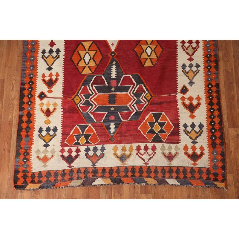 Red Kilim Qashqai Persian Vintage Rug Flatweave Wool Carpet - 5'1" x 9'11"