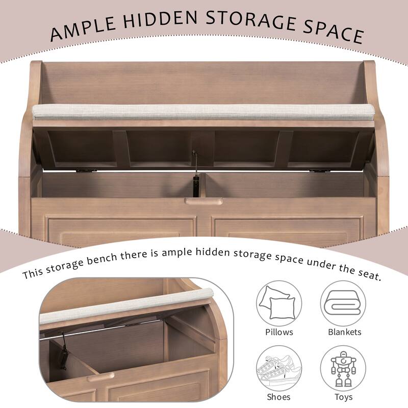 Rustic Style Solid Wood Entryway Storage Bench with Safety Hinge